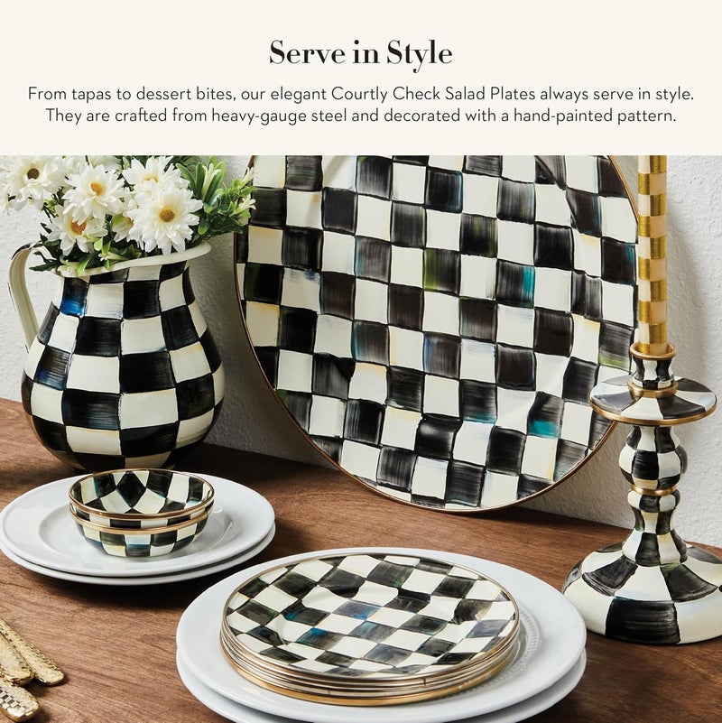 mackenzie childs طبق سلطة وحلويات مكنزي تشايلدز المينا صغير لطبق حلوى أو مقبلات 8 بوصات مجموعة من 4 باللونين الأسود والأبيض بتصميم فحص محكمة - Image 2