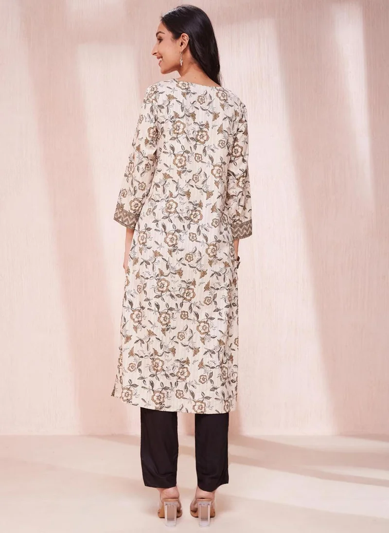 Fabindia Beige Cotton Hand Block Printed Long Kurta