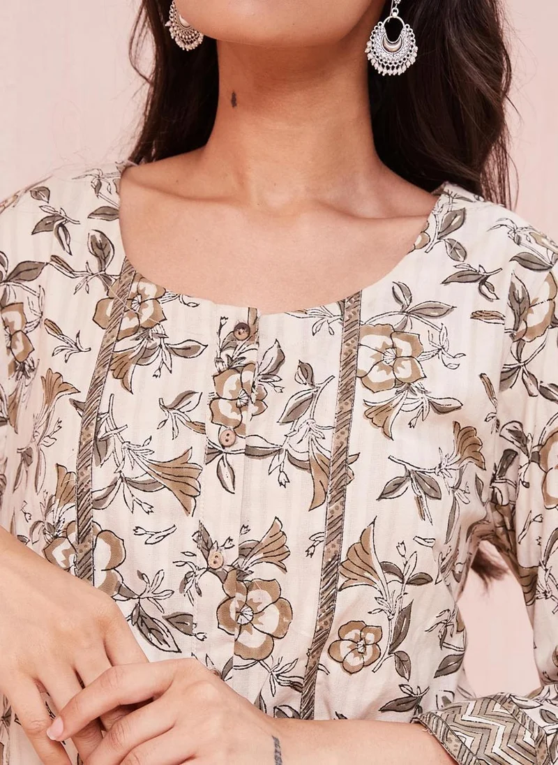Fabindia Beige Cotton Hand Block Printed Long Kurta
