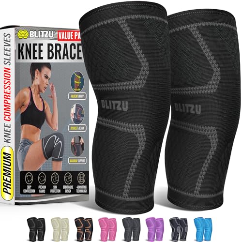 BLITZU Knee Brace for Women & Men, 2 Pack Compression Knee Brace, Knee Support Sleeve for Pain Relief, Running, Workout, Sports, Knee Braces for ACL, Meniscus Tear, Arthritis and Injury Recovery Black XL - Image 1