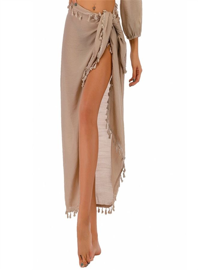 Loquat Multi-Purpose Beach Towel With Sunscreen Tassels Beige  - Image 2