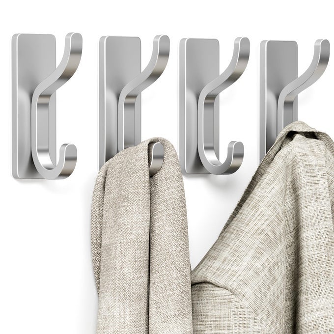 ADHESIVE WALL COAT HOOKS HEAVY DUTY STICKON DOOR HANGER METAL HOOK FOR HANGING TOWELPURSE ROBE BACKPACK JACKET CLOTHES FOR BATHROOMDORM CLOSET KITCHEN SILVER 4 PACK