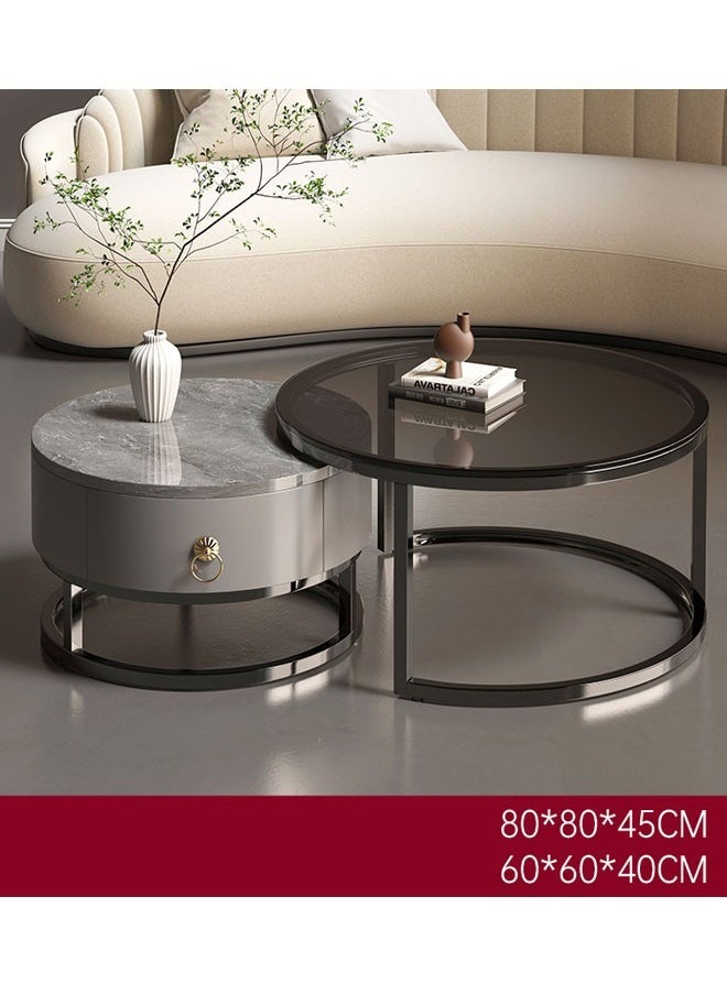 NKX - Set Of 2 Modern Round Coffee Table With Top Marble Stone and Metal Frame - Image 1