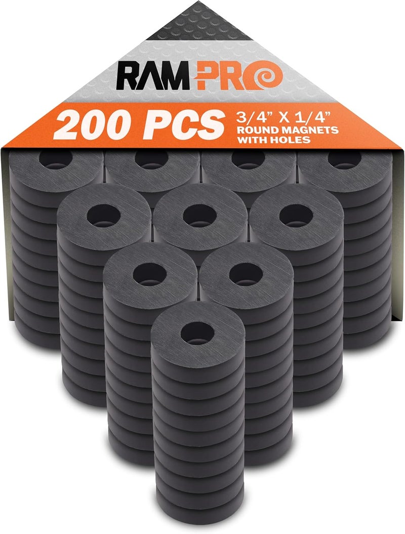 RAM-PRO 200-Piece Powerful Magnetic Round Ferrite Magnet Discs with ¼” Dia. Holes (3/4" x 1/4") – Universal Use on Frigidaire’s, Bulletin Boards & Arts-Crafts Projects, Etc. - Image 1