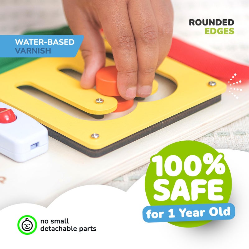 deMoca Sensory Busy Board for Toddlers, Premium Wooden Toddler Busy Board for 1 2 3 Year Old with 10 Educational Activities for Fine Motor Skills, Fidget Activity Toy for Travel Toy (Color) - Image 5