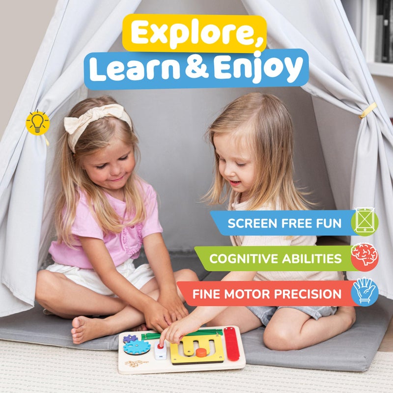 deMoca Sensory Busy Board for Toddlers, Premium Wooden Toddler Busy Board for 1 2 3 Year Old with 10 Educational Activities for Fine Motor Skills, Fidget Activity Toy for Travel Toy (Color) - Image 3