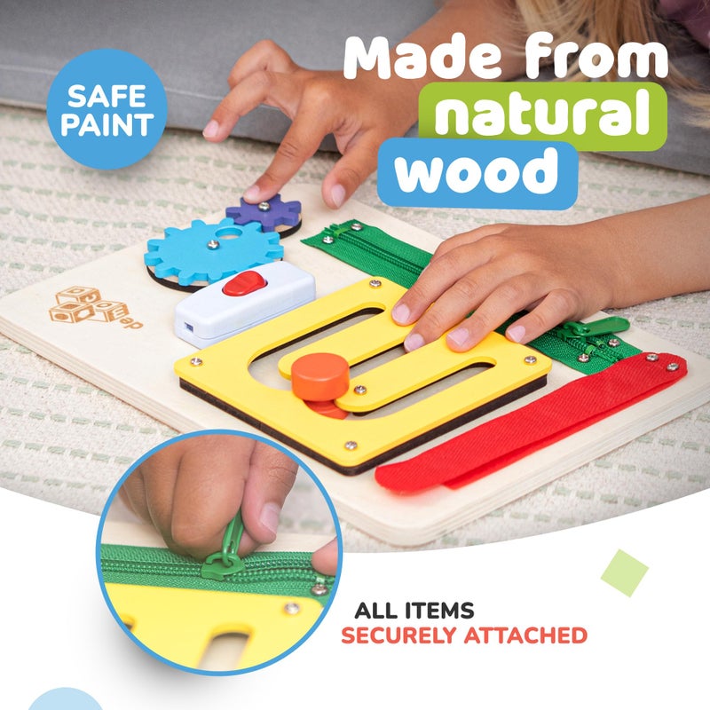 deMoca Sensory Busy Board for Toddlers, Premium Wooden Toddler Busy Board for 1 2 3 Year Old with 10 Educational Activities for Fine Motor Skills, Fidget Activity Toy for Travel Toy (Color) - Image 2