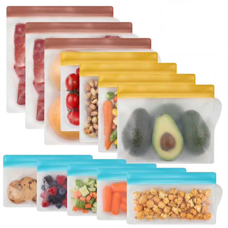 RLAVBL 12 Pack Reusable Freezer Bags, Leakproof Food Storage Bags for Vegetable, Liquid, Snack, Meat, Sandwich - 3 Gallon 4 Sandwich 5 Snack Bags - Image 1