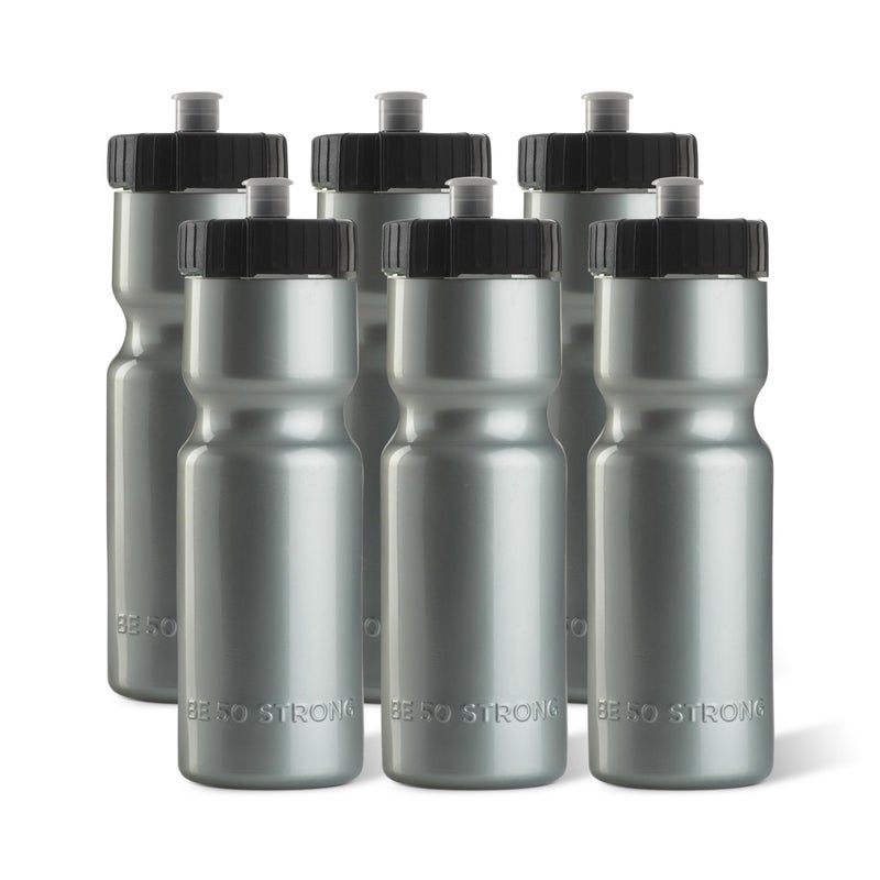 50 Strong Sports Water Bottle | Reusable Squeeze Water Bottles | 22 oz. BPA-Free Plastic Bottles with Pull Top Cap | Made in USA | Top Rack Dishwasher Safe | Fits Most Bike Cages (6 Pack  Silver) - Image 1