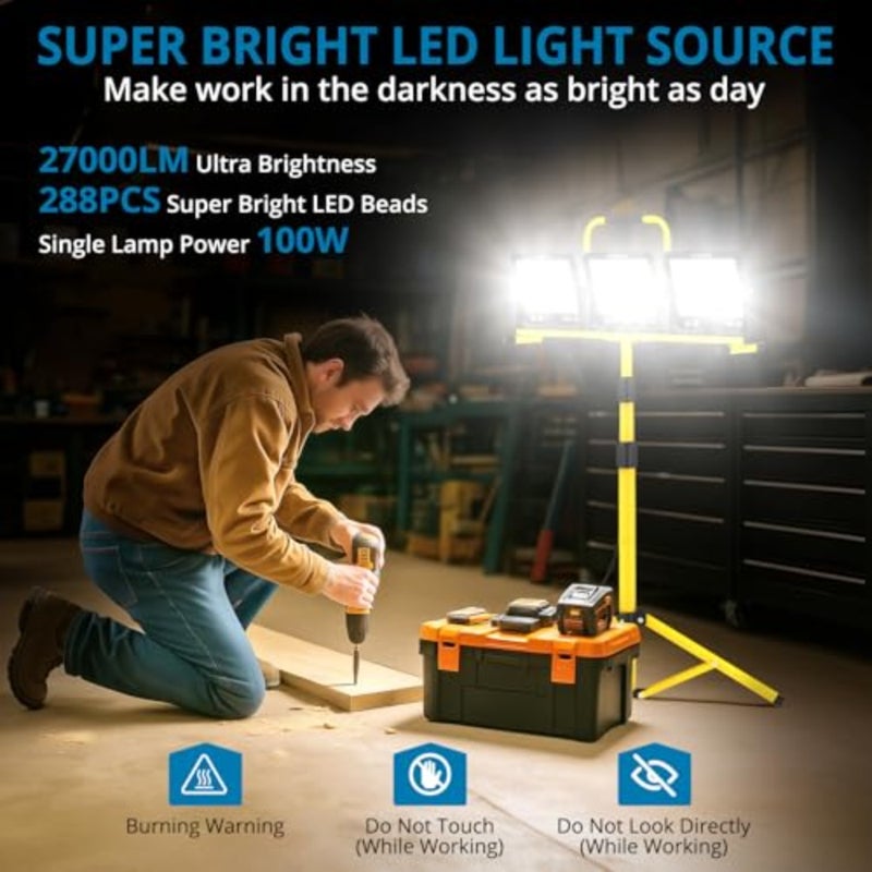 300W LED Work Light, 27000LM Portable 3 Head Adjustable Color Temperature Floodlight - 288Pcs LEDs Beads, 3 Modes 3000K/5000K/6500K,Waterproof IP66, 5m Power Cord with Adjustable Tripod - Image 3