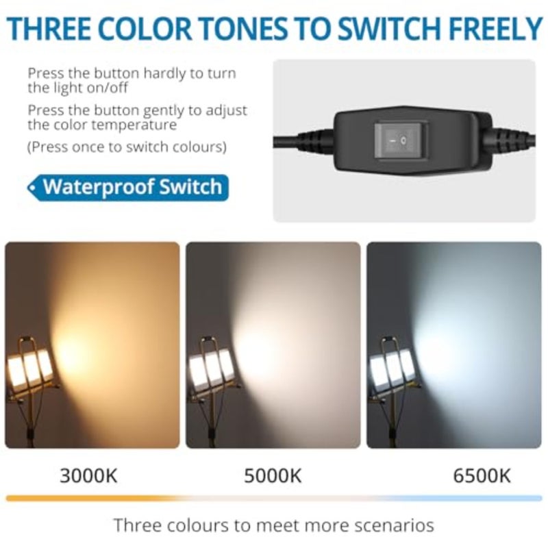 300W LED Work Light, 27000LM Portable 3 Head Adjustable Color Temperature Floodlight - 288Pcs LEDs Beads, 3 Modes 3000K/5000K/6500K,Waterproof IP66, 5m Power Cord with Adjustable Tripod - Image 2
