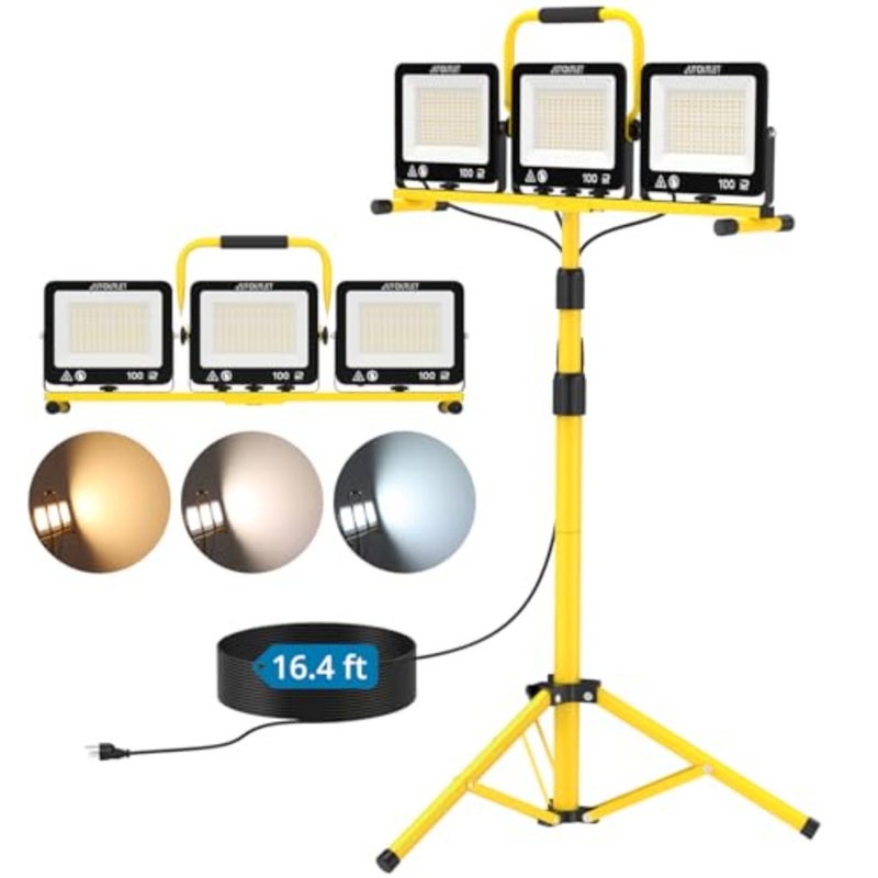 300W LED Work Light, 27000LM Portable 3 Head Adjustable Color Temperature Floodlight - 288Pcs LEDs Beads, 3 Modes 3000K/5000K/6500K,Waterproof IP66, 5m Power Cord with Adjustable Tripod - Image 1