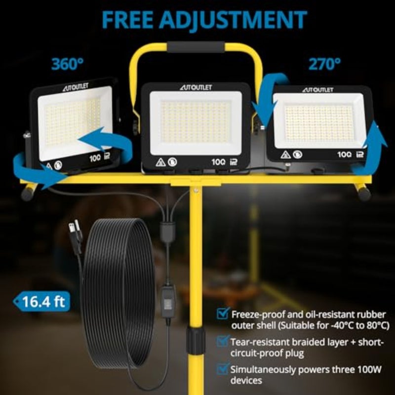 300W LED Work Light, 27000LM Portable 3 Head Adjustable Color Temperature Floodlight - 288Pcs LEDs Beads, 3 Modes 3000K/5000K/6500K,Waterproof IP66, 5m Power Cord with Adjustable Tripod - Image 5