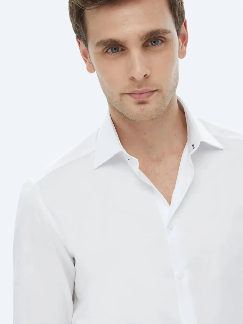 Kip White Plain Slim Fit Weaving Classical 100% Cotton Shirt