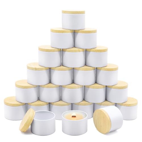 YJHSS 24Pack 4oz Candle Tins with WoodGrain Printing Lids Metal Candle Jars for Candle Making Empty Containers Vessels Bulk for Small Business Beginners DIY Storage Wood White - Image 1