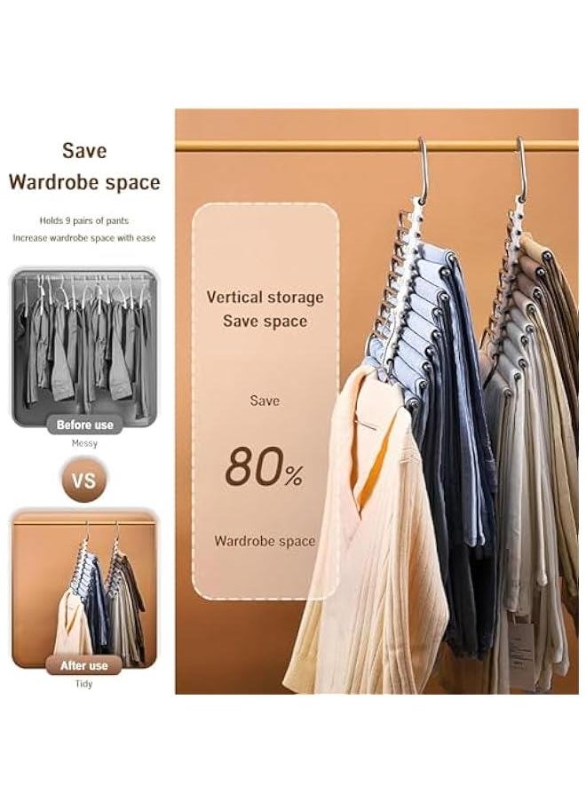 9 Layers Pants Hangers Space Saving, 2 Pack Non Slip Multifunctional Pants Rack, Closet Organizer with Hooks for Jeans Trousers Skirts Scarf, QXSAJ384