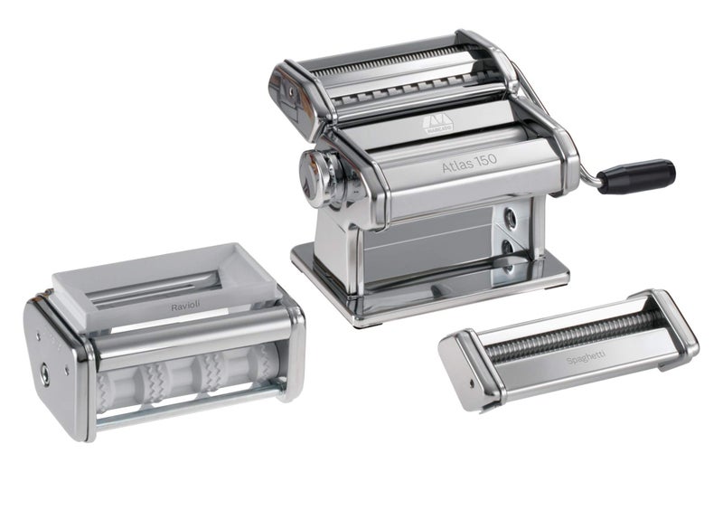 MARCATO Made in Italy PASTASET Pasta Machine Gift Set, Chrome Steel. Includes Atlas 150 Pasta Machine, Ravioli & Spaghetti Attachments. - Image 1