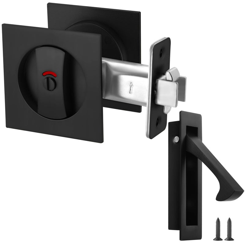 Malimali Pocket Door Lock Pocket Door Hardware Square Door Lock for Privacy Sliding Door Bifold Door Locks and Pulls Handles Replacement Hardware Matte Black Set A Privacy Lock with Indicator - Image 2