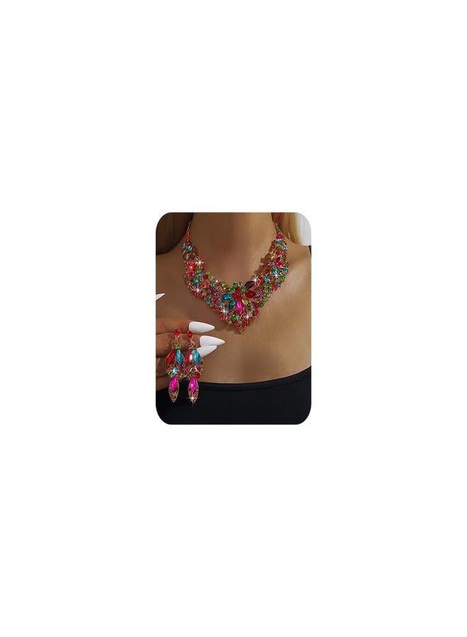 Rumtock Colorful Statement Necklace with Earrings Jewelry Set for Wedding Brides Teardrop Crystal Jewelry Set for Women Banquet Costume Jewelry (Colorful) - Image 1