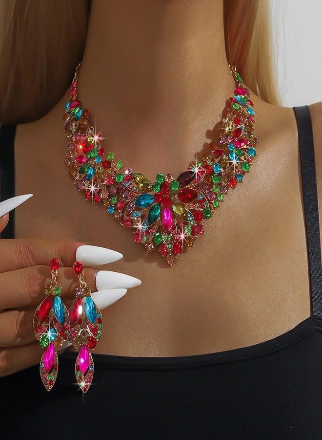 Rumtock Colorful Statement Necklace with Earrings Jewelry Set for Wedding Brides Teardrop Crystal Jewelry Set for Women Banquet Costume Jewelry (Colorful) - Image 4