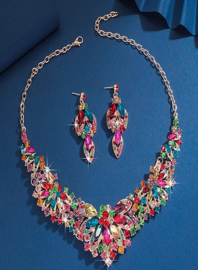 Rumtock Colorful Statement Necklace with Earrings Jewelry Set for Wedding Brides Teardrop Crystal Jewelry Set for Women Banquet Costume Jewelry (Colorful) - Image 5