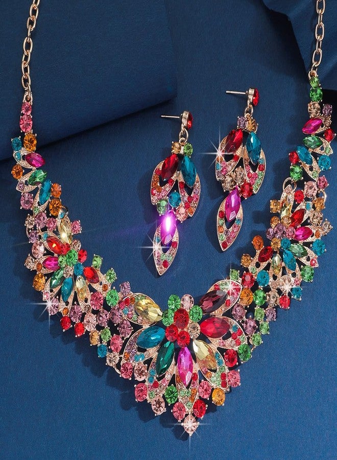 Rumtock Colorful Statement Necklace with Earrings Jewelry Set for Wedding Brides Teardrop Crystal Jewelry Set for Women Banquet Costume Jewelry (Colorful) - Image 3