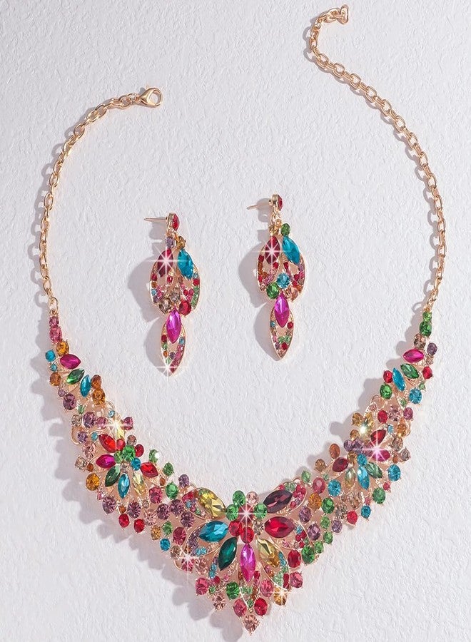 Rumtock Colorful Statement Necklace with Earrings Jewelry Set for Wedding Brides Teardrop Crystal Jewelry Set for Women Banquet Costume Jewelry (Colorful) - Image 2