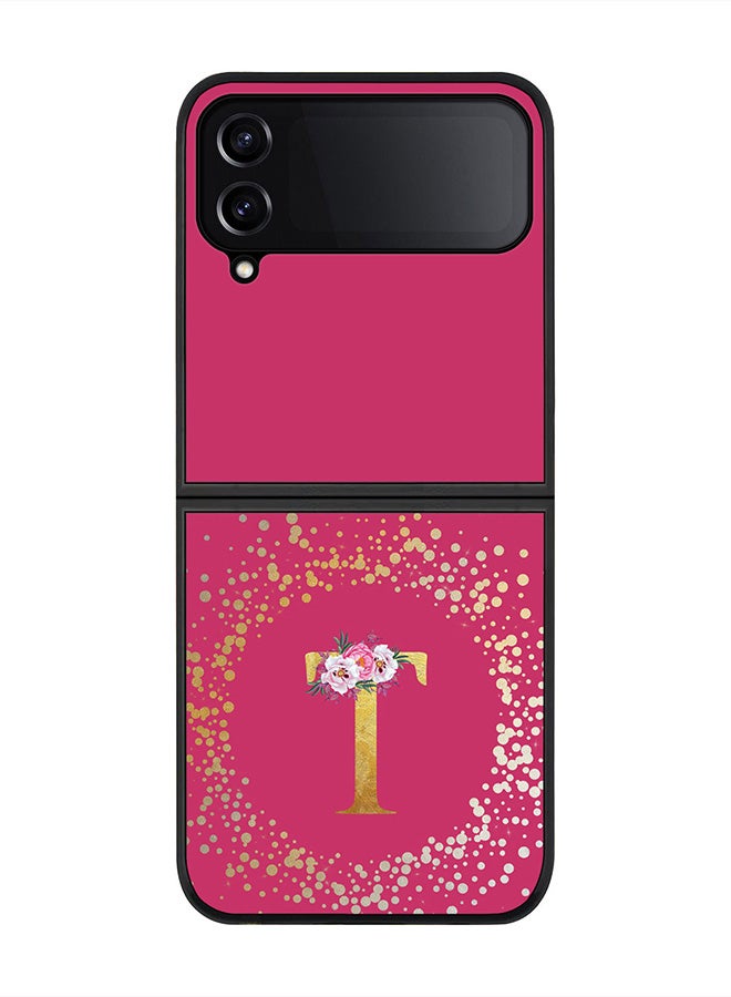 Stylizedd Rugged Black edge case for Samsung Galaxy Z Flip4, Soft Flexible Phone case Custom Monogram Initial Letter Floral Pattern Alphabet - T (Dark Pink Rose) - Image 1