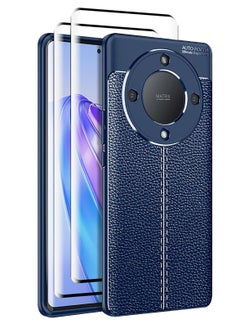 Homeosoobone Compatible Huawei Honor X9A 5G Case Anti-Slip Lychee Pattern Cover with 2 Tempered Glass Screen Protector Blue  - Image 1