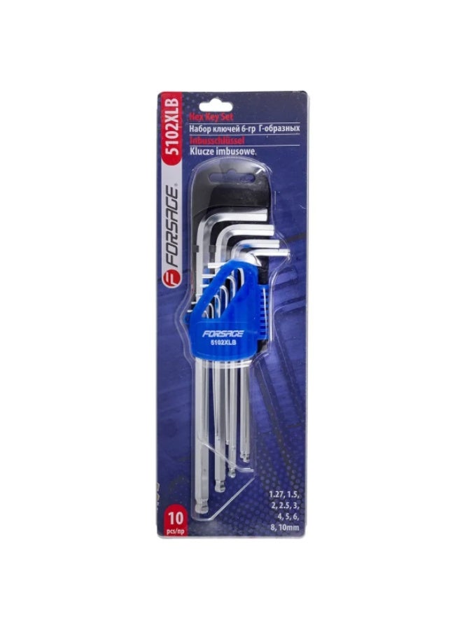 FORSAGE L-type extra long hex-wrenches set with ball end 10pcs (1.27, 1.5, 2, 2.5, 3-6, 8, 10mm), in plastic - Image 1