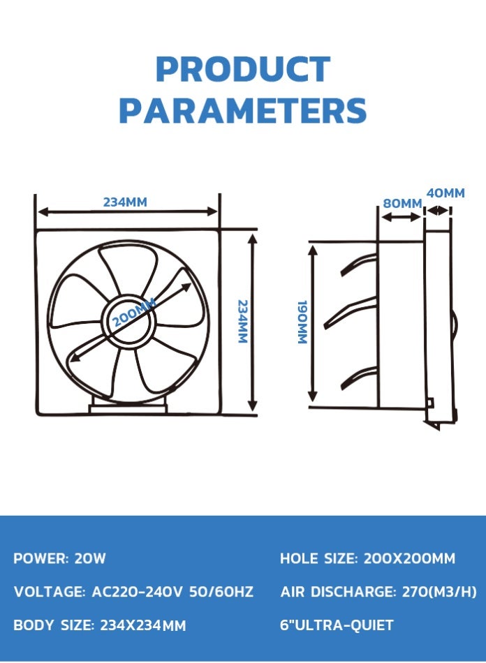 MODI Square Connection 6 Inch Ultra-Quiet Silent Exhaust Fan for Kitchen, Bathroom & Office – Wall Mount Ventilation with Powerful Airflow & Energy-Saving Motor - 20 W - Image 2