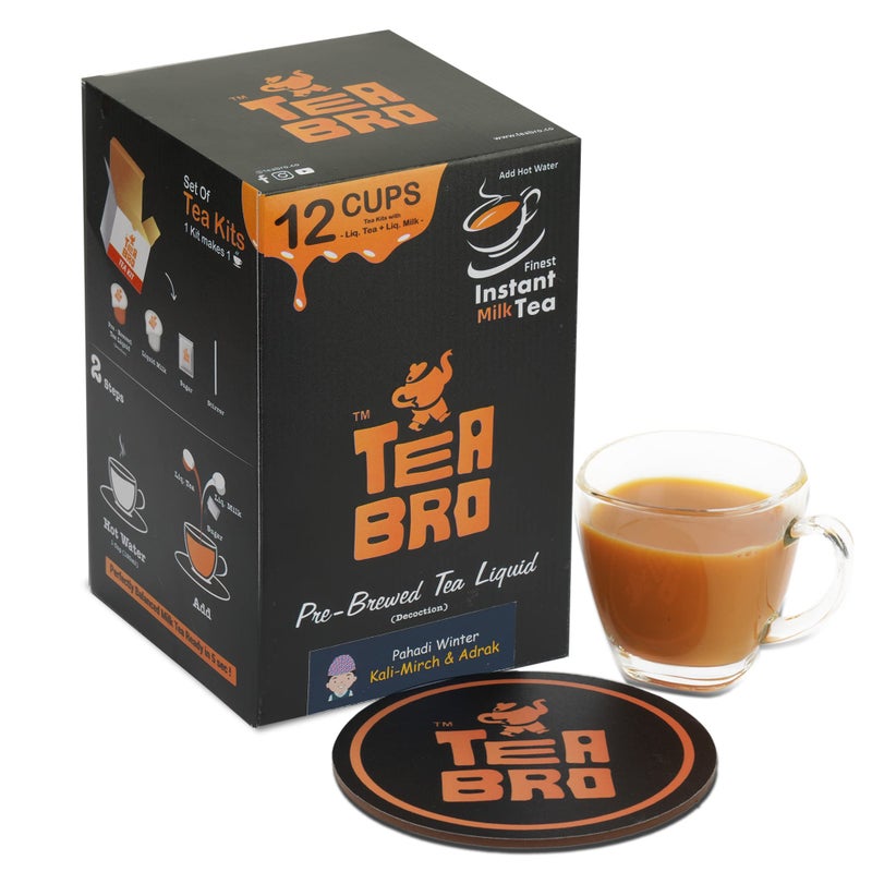 TEA BRO شاي برو، شاي حليب فوري (نكهة كالي ميرش وأدرَك) - عبوة من 2 | شاي سائل مُعد مسبقًا | فقط أضف الماء الساخن | لكل عبوة - 12 مجموعة شاي (شاي سائل + حليب سائل + سكر) - مزيج شتوي جبلي، كالي ميرش وأدرَك - Image 5