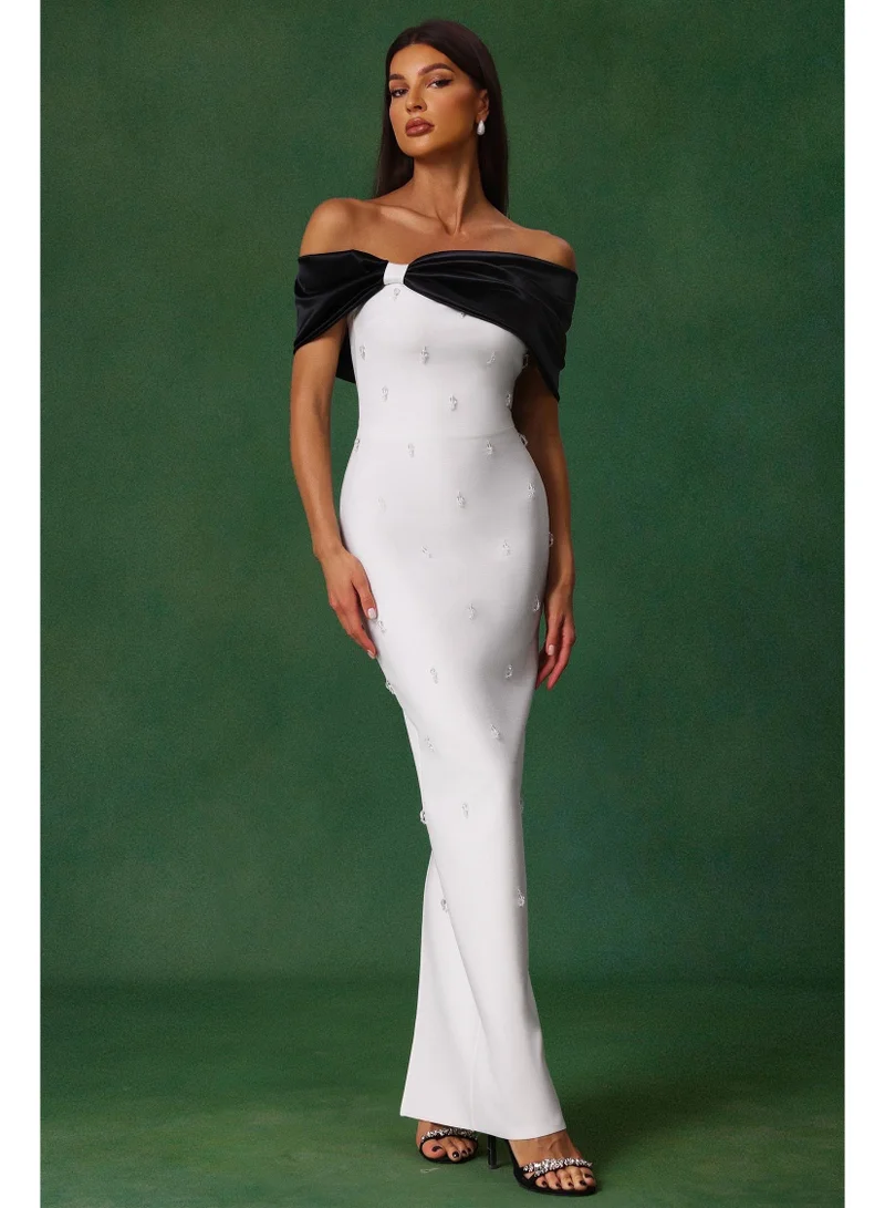 Sharla Off-The-Shoulder Diamond Bow Maxi Dress