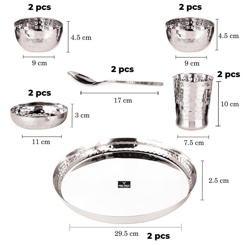 MOLTRES MOLTRES - Royal Hammered Steel Dinner Set of 12-18 Gauge, Easy to Clean, Rust Free - Includes 2 Thali, 2 Sweet Dish, 4 Bowls, 2 Spoon & 2 Glass - Premium Mirror Polished - Image 2