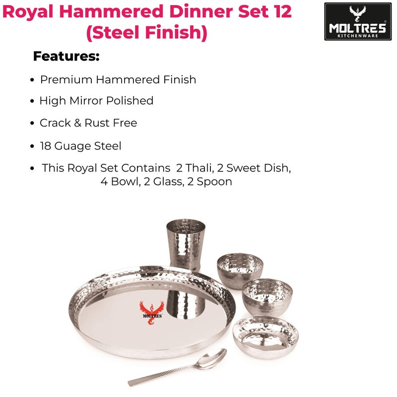 MOLTRES MOLTRES - Royal Hammered Steel Dinner Set of 12-18 Gauge, Easy to Clean, Rust Free - Includes 2 Thali, 2 Sweet Dish, 4 Bowls, 2 Spoon & 2 Glass - Premium Mirror Polished - Image 3
