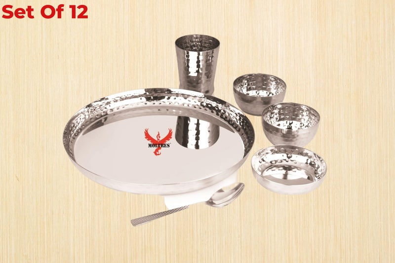 MOLTRES MOLTRES - Royal Hammered Steel Dinner Set of 12-18 Gauge, Easy to Clean, Rust Free - Includes 2 Thali, 2 Sweet Dish, 4 Bowls, 2 Spoon & 2 Glass - Premium Mirror Polished - Image 5
