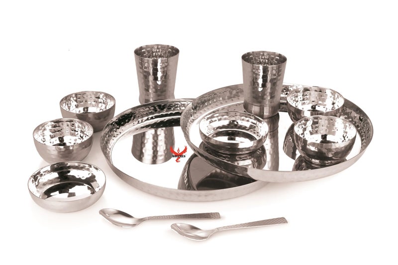 MOLTRES MOLTRES - Royal Hammered Steel Dinner Set of 12-18 Gauge, Easy to Clean, Rust Free - Includes 2 Thali, 2 Sweet Dish, 4 Bowls, 2 Spoon & 2 Glass - Premium Mirror Polished - Image 1
