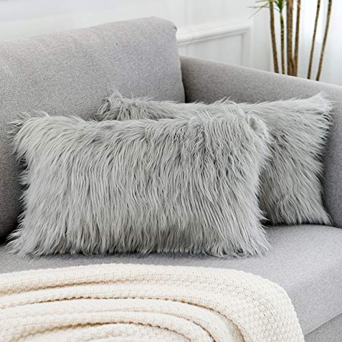 WLNUI Light Grey Faux Fur Throw Pillow Covers 12x20 Inch Set of 2, Luxury Fluffy Shaggy Plush Cushion Cases for Couch Sofa Bed Living Room Decor, Soft Fuzzy Pillow Covers with Hidden Zipper - Image 1