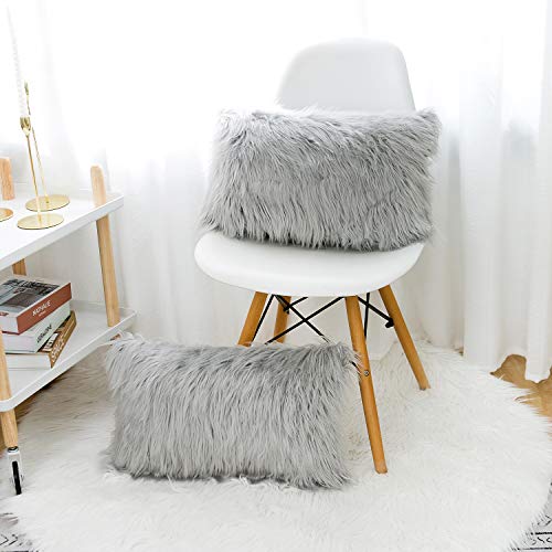 WLNUI Light Grey Faux Fur Throw Pillow Covers 12x20 Inch Set of 2, Luxury Fluffy Shaggy Plush Cushion Cases for Couch Sofa Bed Living Room Decor, Soft Fuzzy Pillow Covers with Hidden Zipper - Image 4