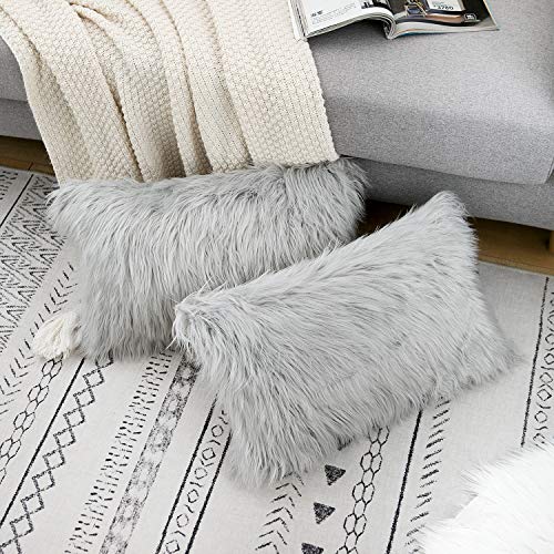 WLNUI Light Grey Faux Fur Throw Pillow Covers 12x20 Inch Set of 2, Luxury Fluffy Shaggy Plush Cushion Cases for Couch Sofa Bed Living Room Decor, Soft Fuzzy Pillow Covers with Hidden Zipper - Image 2