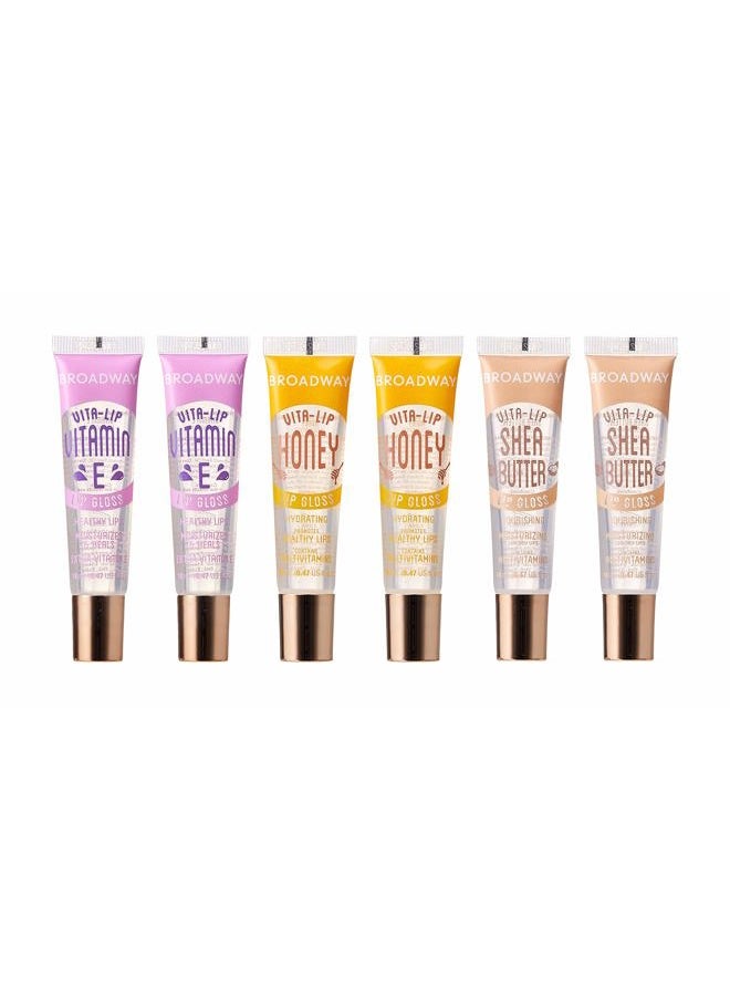 Broadway 6 pcs Broadway Vita-Lip Gloss High Shine Long Lasting 2 Honey + 2 SHEA BUTTER + 2 Vitamin E Oil by RubyKisses Cosmetics  - Image 1
