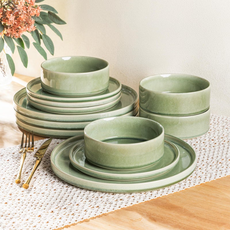 AmorArc Ceramic Dinnerware Sets, Handmade Reactive Glaze Stoneware Plates and Bowls Sets,Highly Chip and Crack Resistant | Dishwasher & Microwave Safe Dishes Set, Service for 4 (12pc) - Image 1