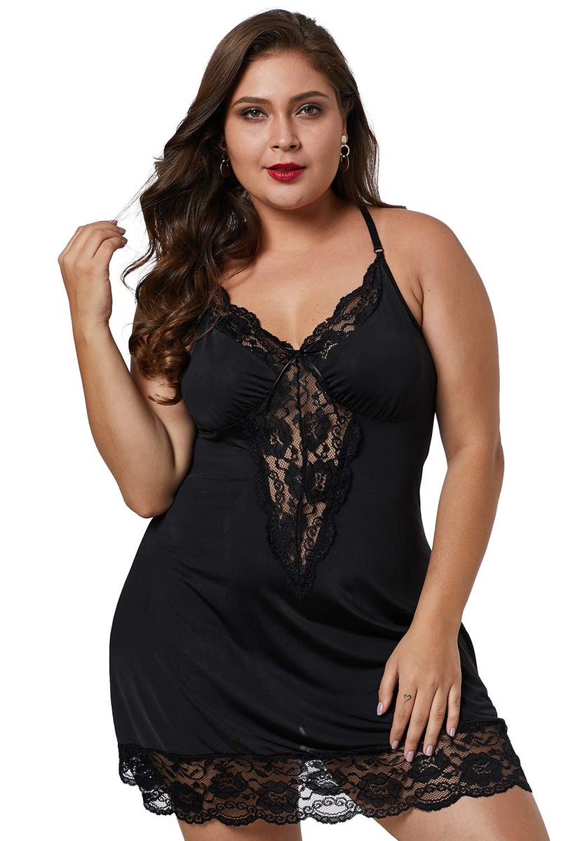 lime flare Women Sexy Plus Size Lace Trim Babydoll Chemise Criss Cross Back Lingerie Dress Sleepwear 3XLargeUS 2224Solid black with satin bow detail