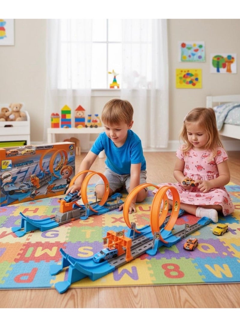 توي لاند مجموعة مسار سباق مزدوج الحلقة للأطفال - سيارات معدنية قابلة للسحب مع مجموعة لعب مسار DIY مكونة من 42 قطعة - Image 3