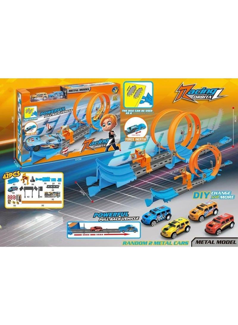 توي لاند مجموعة مسار سباق مزدوج الحلقة للأطفال - سيارات معدنية قابلة للسحب مع مجموعة لعب مسار DIY مكونة من 42 قطعة - Image 2