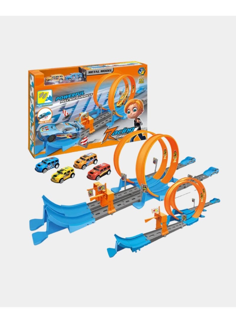 توي لاند مجموعة مسار سباق مزدوج الحلقة للأطفال - سيارات معدنية قابلة للسحب مع مجموعة لعب مسار DIY مكونة من 42 قطعة - Image 1
