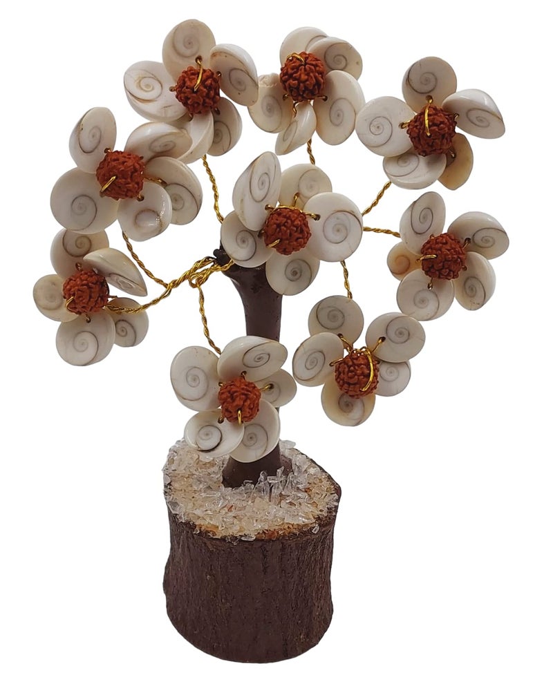 ARTISKRITI Gomti Chakra Flower with Rudraksha Beads Tree Plant for Goodluck Health Wealth and Prosperity, Chakra Tree, White and Brown (54 Chakra Multicolor) - Image 3