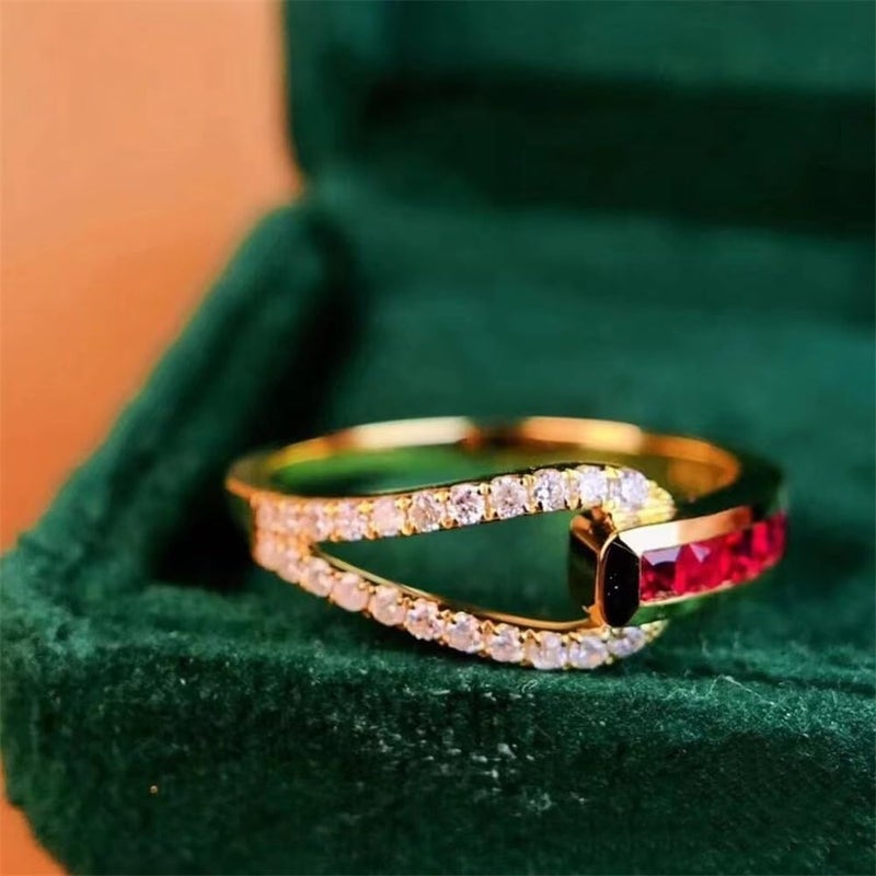 AZQ 925 Sterling Silver Shiny Full Diamond Gemstone Ring 18K Gold Cubic Zirconia Promise Ruby Wide Band Cocktail Ring CZ Diamond Multi Row Ring Eternity Engagement Wedding Band Ring Z.124 (US Code 7) - Image 2