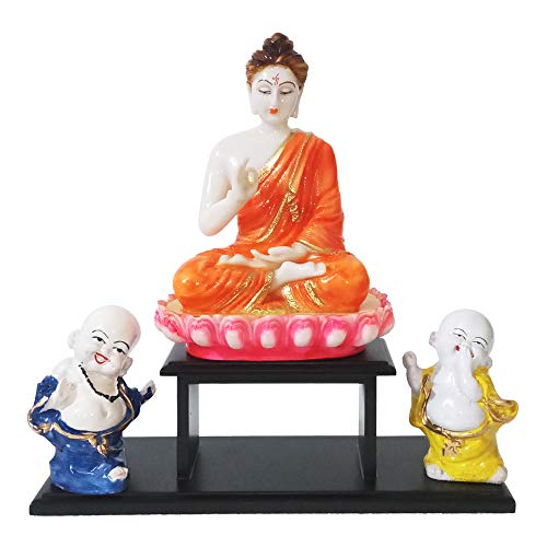 Mariner's Creation Buddha Idol with Two BUDHHA Monk and Wooden Stand for Home Decor | Buddha SHOWPIECE | Buddha Statue | House Warming Gift - Image 1