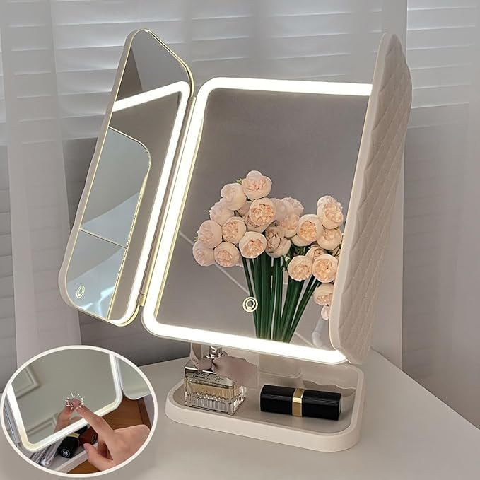 MIXEN Makeup Vanity Mirror with LED Lighting and Touch Screen TriFold 1x 2X 3X Magnification180 Adjustable RotationBattery and USB PoweredCountertop Cosmetic Mirror White - Image 5